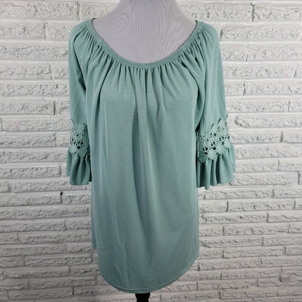 Win Win L/XL Womens Blue Tuth Off Shoulder Bell Sleeve Ruffle Boho BLU215E